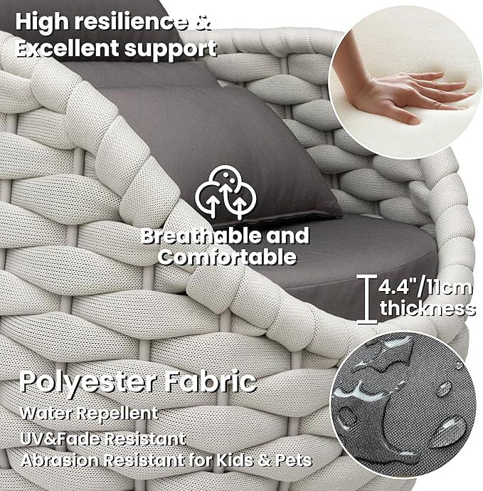 Porch Furniture Chair: Patio Accent Chair Aluminum - Woven Rope Cushioned Armchair Assembled - Modern Lounge Single Chair - All Weather 400lbs for Deck Balcony Yard Garden Hotel Poolside, Gray