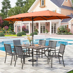 PHI VILLA 7 Pieces Patio Dining Set for 6 with 13ft Large Patio Umbrella, Metal Outdoor Stackable Wrought Iron Chair Set of 6 & 60"X38" Metal Dining Table,Market Table Orange Red Umbrella