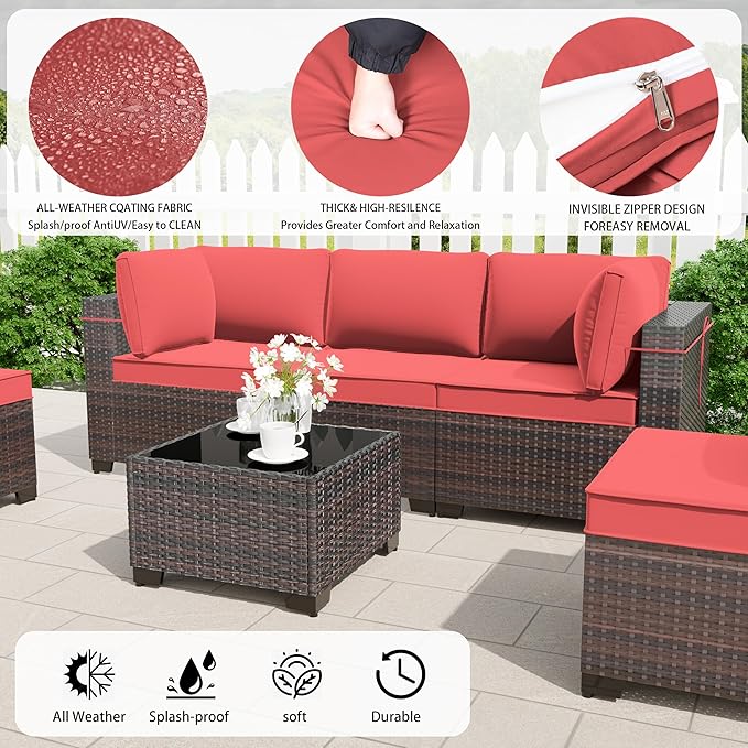 Outdoor Patio Furniture Set with Propane Fire Pit Table, 15 Pieces Outdoor Furniture Patio Sectional Sofa Conversation Sets w/ETL Approved 43" Gas Outdoor Fire Table & Coffee Table(Red)