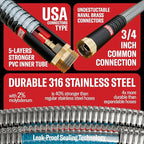 Best 50 ft Metal Garden Hose Set - No-Kink Durable 316 Stainless Steel, 10-Way Zync Spray Nozzle & Hook – Tough Flexible Heavy Duty Water Hoses, Naval Brass, Rust, Weather, LeakProof
