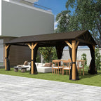 Domi 12x20FT Cedar Wood Hardtop Gazebo with Curtains and Netting, Galvanized Steel Gable Roof, Hooks, Heavy Duty Outdoor Pavilion All Weather Pergola for Patio, Deck, Backyard