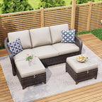 3 Pieces Patio sectional Sofa Set, Outdoor Conversation Furniture Set, 78" 3-Seat Couch with 2 Ottomans, 47" Metal Coffee Table, Rattan Wicker Sofa with Washable Cushions (Beige)