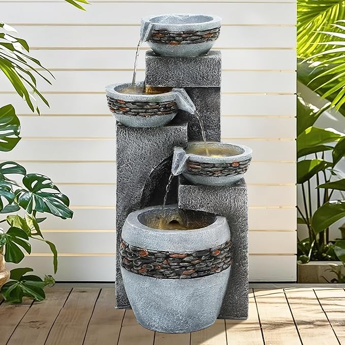 19.5" Tall 4-Tier Pedestal Outdoor Water Fountain with LED Lights and Pump, Relaxing Garden Fountain Waterfall for Patio, Porch, or Yard