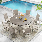 DIFY 59.8" Round Outdoor Patio Dining Table for 8-10, All-Weather Metal Steel Slatted Patio Table with 1.57" Adjustable Umbrella Hole, for Lawn Garden Porch Backyard, Grey Wood-Like