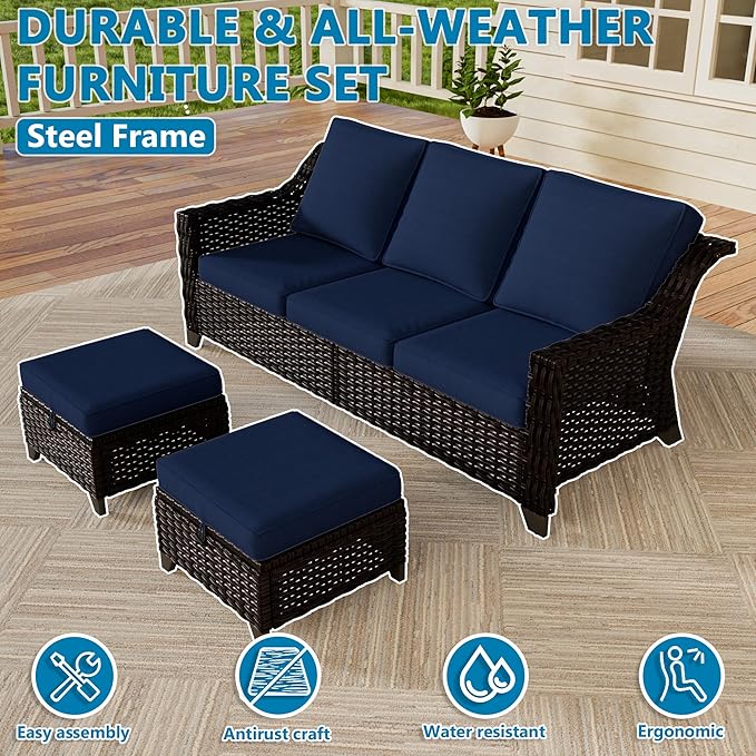 Vista Vibe 3 Pieces Outdoor Patio Conversation Furniture Set - 78" 3-seat Sofa | 2 Wicker Ottomans, Deep Seat Loveseat with Removable Cushions, Hand-Woven PE Rattan Couch, Lawn (Brown/Navy)