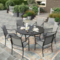 HERA'S HOUSE Patio Table and Chairs, 7 Pieces Outdoor Dining Set, 1 x Round Metal Table with 1.57”-1.9” Umbrella Hole, 6 x Grey Armrest Chairs for Deck Porch Backyard