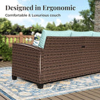 Swivel Glider Patio Furniture Set, 5 Pcs Wicker Outdoor Conversation Set, 2 x Swivel Chairs, 1 x 3 Seater Sofa and 2 x Ottoman, Blue