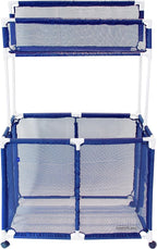Essentially Yours Pool Storage Equipment Organizer Holder - Noodles, Toys, Balls, Floats Mesh Rolling Double Decker Bin, Large with Noodle Holder, (35.3" W x 23" L x 59.4" H), Blue/White Style 561935
