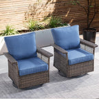 Outdoor Swivel Glider Chairs Set of 2 - Hollow Widen Armrests Wicker Patio Furniture Set, Comfortable High Back Outside Swivel Rocker for Balcony Porch Deck and Yard - Brown/Blue