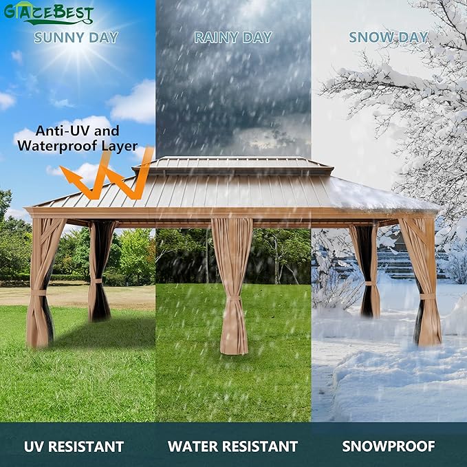 14' X 20' Hardtop Gazebo, Aluminum Wood-Looking Frame Outdoor Permanent Galvanized Steel Double Roof Pavilion Pergola Canopy with Privacy Curtains for Garden, Patio, Backyard, Deck and Lawns.