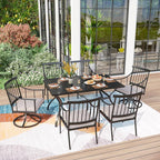 PHI VILLA 7 Pieces Outdoor Dining Set with Cushion for 6, 60” Rectangular Metal Dining Table with Umbrella Hole & Cushioned Iron Swivel Chairs Furniture Set for Patio, Deck, Yard