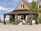 Domi 14x20FT Outdoor Gazebo, Hardtop Gazebo with Galvanized Steel Double Roof, Metal Gazebos with Drainage System Patio Pergola for Patio Deck Backyard,Curtain and Netting,Brown