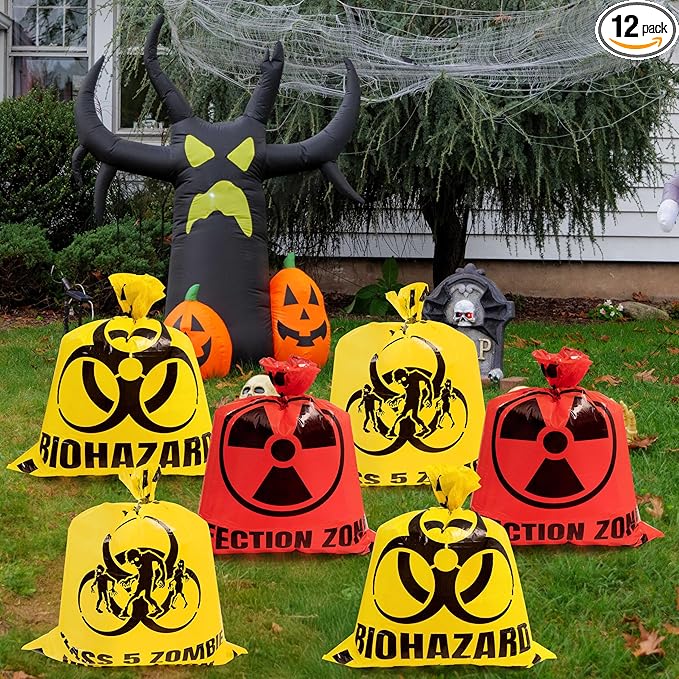 CNhoqc Halloween Lawn Trash Bags - 12Pcs Zombie Warning Reusable Waste Bags with Twist Ties, Fallen Leaf Grass Clipping Trash Container, Heavy-Duty Plastic for Biohazard Parties Outdoor Decorations