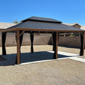 PURPLE LEAF 14' X 20' Outdoor Hardtop Gazebo for Patio Galvanized Steel Double Roof Permanent Canopy Teak Finish Coated Aluminum Frame Pavilion Gazebo with Netting and String Lights
