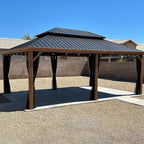PURPLE LEAF 14' X 20' Outdoor Hardtop Gazebo for Patio Galvanized Steel Double Roof Permanent Canopy Teak Finish Coated Aluminum Frame Pavilion Gazebo with Netting and String Lights