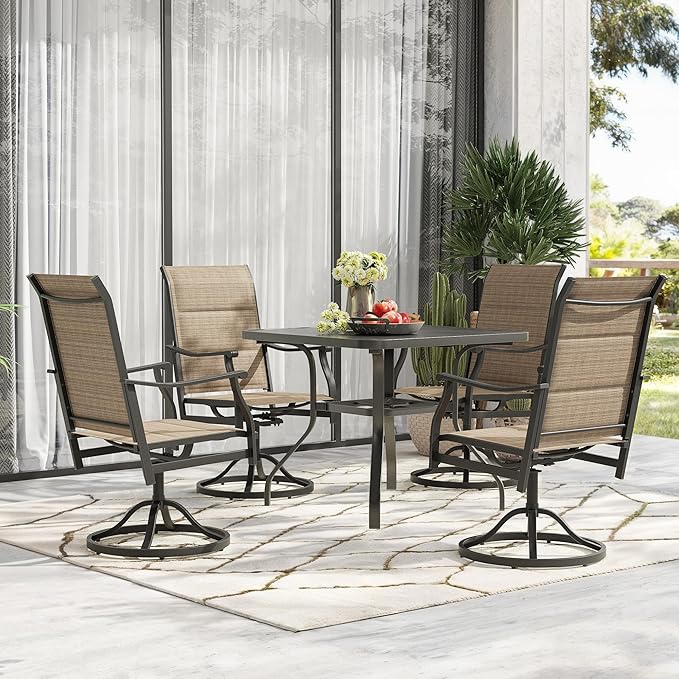 Patio Swivel Chairs Set of 2, Outdoor Dining Chairs with Padded Textilene, Swivel & Rocker Metal Outdoor Patio Dining Chairs All-Weather for Backyard, Brown Fabric with Black Frame