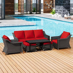 6 Pieces Outdoor Conversation Furniture Set - 77" Patio Sofa, 2 Armchairs, 2 Ottomans, 1 Metal Table, Patio Wicker Couch Set with Washable Cushions for Swimming Pool (Red)