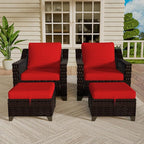 Vista Vibe 4 Pieces Outdoor Patio Conversation Furniture Set - 2 Luxurious Armchairs | 2 Wicker Ottomans, Removable Cushions, Hand-Woven PE Rattan, Office, Porch (Brown/Red)