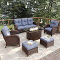 7 Pieces Patio Furniture Sets with Fire Pit Table, Wicker Rattan High Back Outdoor Armchairs Set with 3-Seat Couch, Ottomans and Side Table