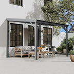 Domi 8'x10' Wall Mounted Hardtop Gazebo, Connectable Lean to Pergola with Gutters & Galvanized Steel Roof, 60MPH Wind Resistance, Outdoor Heavy Duty Metal Awning for Patio, Deck, Backyard - Grey