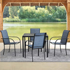5 Pieces Round Dining Table Set for 4, Patio Dining Set Includes 4 Blue Stackable Patio Chairs and 1 Black Square Table, Patio Furniture Sets with Sling Support for Outside, Garden