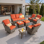 ovios 9 Pieces Patio Furniture Set, Outdoor Wicker Sofa Couch with Swivel Chairs Ottomans Comfy Cushions, High Back All Weather Modern Conversation Sets, Brown Rattan, Orange Red