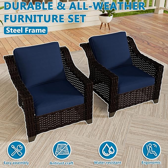 Vista Vibe 2 Pieces Outdoor Armchairs, Patio Conversation Furniture Set, Washable Cushions, Luxurious Hand-Woven PE Rattan, Garden, Bistro, Deck, Backyard (Brown/Navy)