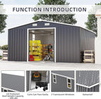 10×12 Ft Metal Shed Outdoor Storage with Two Daylight Windows, 0.25mm Galvanized Steel Metal Garden Shed Waterproof with Lockable Door for Backyard, Patio, Garden，Light Grey