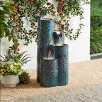 Glitzhome 31.75" H Outdoor Water Fountain with LED Lights and Pump, 4 Tier Dandelion Texture Vase Shaped Ceramic Floor Standing Fountain with Birds for Porch Deck Garden Patio Backyard, Turquoise