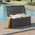 Tangkula 100 Gallon Outdoor Storage Box, Resin Outdoor Storage Bench with Lockable Lid, Waterproof Deck Box for Garden Tools, Pool Accessories, Cushions