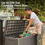 EAST OAK Outdoor Storage Box, 100 Gallon Deck Box, Waterproof Resin Storage Bench for Patio Cushions, Gardening Tools, Pool Accessories, Lockable, UV Resistant, Grey