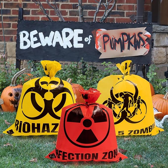 CNhoqc Halloween Lawn Trash Bags - 18Pcs Zombie Warning Reusable Waste Bags with Twist Ties, Fallen Leaf Grass Clipping Trash Container, Heavy-Duty Plastic for Biohazard Parties Outdoor Decorations