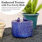 Glitzhome 14.75”H Outdoor Ceramic Garden Water Fountain with LED Lights and Pump, Two Birds Embossed Leaf Pattern Patio Fountain Floor Standing Bird Bath Fountains for Porch Deck Backyard, Cobalt Blue