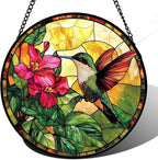 Stained Glass Suncatcher, Hummingbird Red Flowers Green Leaves Sun Catcher Stain Glass Window Hanging Decoration Mother's Day Birthday Gifts for Bird Lover Women Men Mom Nana 15 in