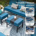 Patio Furniture Set, 6 Pcs Metal Outdoor Conversation Set, 2 Rocker Chairs, 2 Ottomans and 3 Seater Sofa with 5.75" Extra Thick Cushion and Gas Fire Pit Table, Gemstone Blue