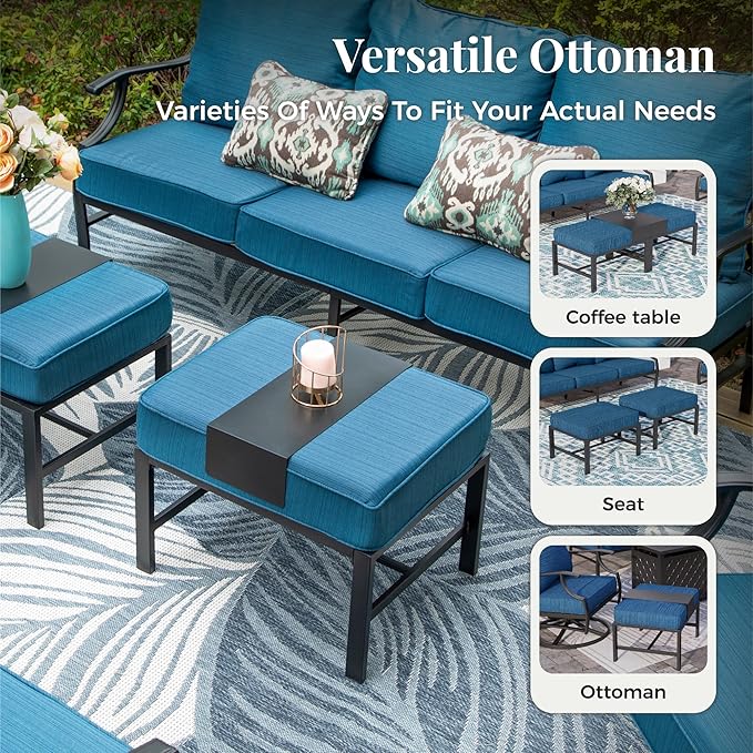 Patio Furniture Set 6 pcs, Outdoor Patio Furniture, 3-Seat Sofa, 2 Rocking Chairs, 2 Ottomans, Coffee Table and 5.75" Extra Thick Cushion, Conversation Set for Backyard Deck, Gemstone Blue