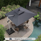 PURPLE LEAF 9 Feet Solar Powered LED Square Cantilever Umbrella With Base Patio Umbrellas Windproof Hanging Outdoor Umbrella Offset Umbrellas, Grey