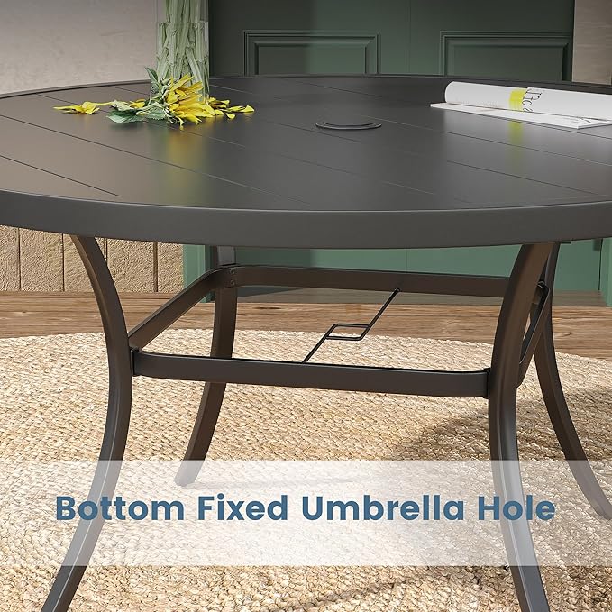 DIFY Patio Round Dining Table, 53" All Weather Round Outdoor Table with 1.57" Umbrella Hole for 8 Person, Perfect for Yard, Balcony and Lawn, Black Tabletop