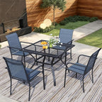 5 Pieces Sqaure Dining Table Set for 4, Patio Dining Set Includes 4 Blue Stackable Patio Chairs and 1 Black Mesh Square Table, Patio Furniture Sets with Sling Support for Outside, Garden