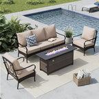MFSTUDIO 4 Pieces Outdoor Patio Furniture Set, Metal Outdoor Conversation Set, Rattan Wicker Patio Sectional Set with 2 x Fixed Single Sofa, 3-Seat Sofa, 1 x Fire Pit Table, Beige