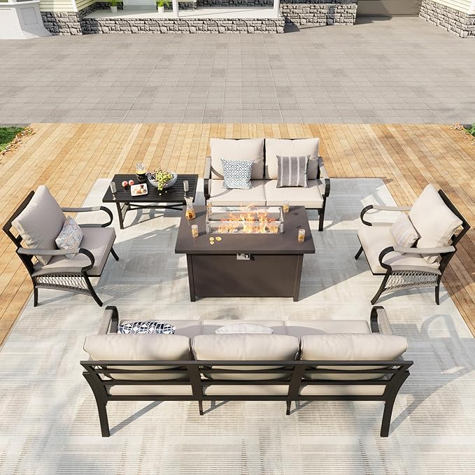 6 Pieces Outdoor Patio Conversation Sets with All Weather Cushions, Metal 3-Seater, 2 Single Chairs, 1 Loveseat, 1 Coffee Table, 1 Fire Pit Table for Backyard Deck Porch Poolside, Beige