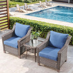 3 Pieces Patio Furniture Set-Wicker Patio Chairs Set of 2 with Tempered Glass End Table Outdoor Patio Chairs for Deck Balcony Poolside Backyard-Brown/Blue