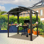 Domi 8x5FT Hardtop Grill Gazebo, Outdoor BBQ Gazebo with 2 Side Shelves and Bottle Opener, Outdoor Grill Canopy with Galvanized Steel Double Roof for Patio Lawn Backyard Deck, Brown