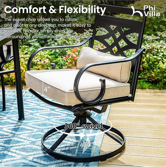 PHI VILLA 5 Pcs Patio Dining Set, Table Chair Set for 4 With Swivel Chairs and Metal Frame Steel Square Table, Outdoor Furniture With Cushion and Pillow for Garden Lawn Deck