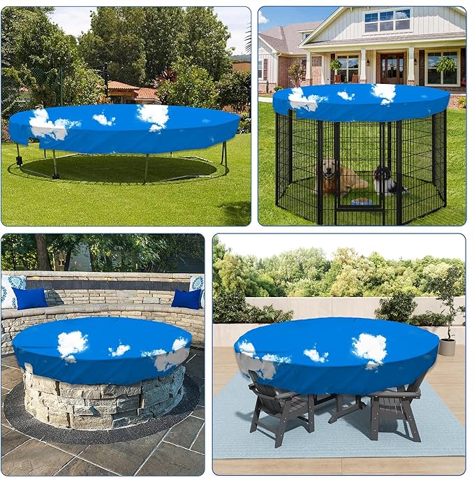 ECOOPTS 11 ft Waterproof Round Polyester Pool Cover for Above Ground Pools, Swimming Pool Cover Protector Winter Safety Cover (Blue Sky)