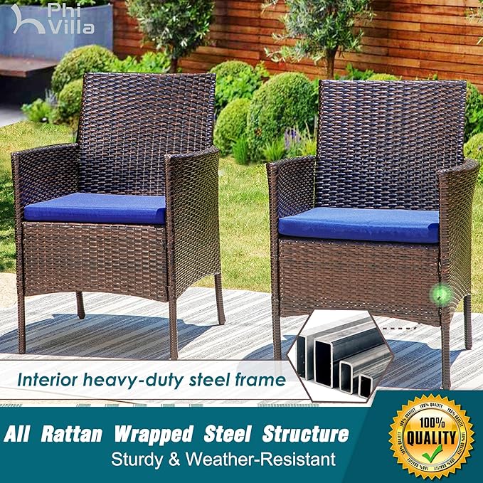 PHI VILLA 7 Pieces Outdoor Dining Set for 6, 65” Wood-Like Metal Steel Dining Table & Rattan Wicker Chairs with Cushions, Large Dining Furniture Set for Patio, Deck, Yard, Porch