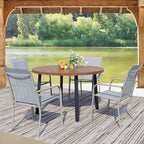 5 Pieces Round Dining Table Set for 4, Patio Dining Set Includes 4 Beige Blue Stackable Patio Chairs and 1 Walnut Round Table, Patio Furniture Sets with Sling Support for Outside, Garden