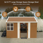 10x8 FT Outdoor Steel Storage Shed with Clear Windows, Sliding Lockable Door & Ventilation, Brown and White Weather-Resistant Metal Tool Shed for Garden, Backyard, Lawn, and Utility Storage