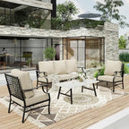HERA'S HOUSE 4 Piece Patio Furniture Set, 2 x Metal Frame Cushioned Chair, 3-Seat Sofa with Marbling Coffee Table, All Weahter Outdoor Conversation Set for Lawn Garden Backyard