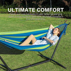 PNAEUT Double Hammocks with Stand for Outside, Portable Space Saving Heavy-Duty Steel Stand for Indoor Outdoor Patio with Carrying Bag, 450 lbs Capacity (Blue)